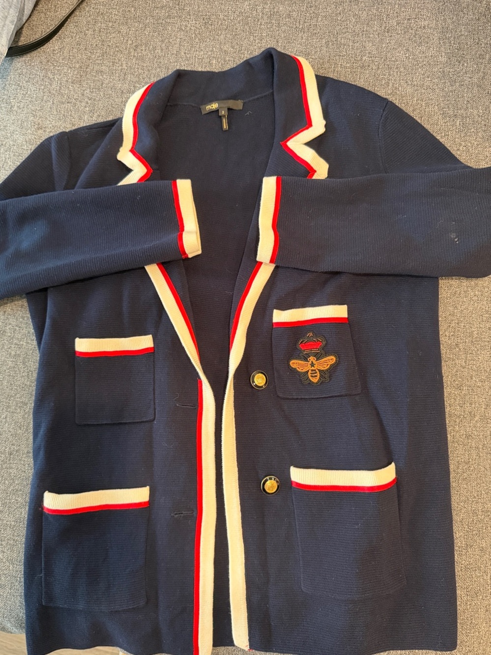Maje Navy Cardigan Blazer with Cream and Red Trim
